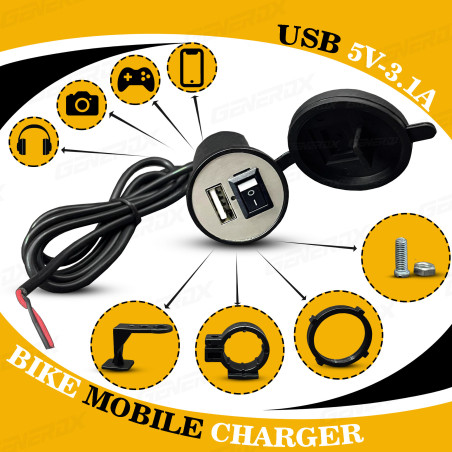 GENEROX Smart USB Mobile Charger for Motorcycle | Waterproof Fast Charging Bike Charger