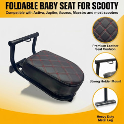 GENEROX Foldable Baby Seat for Scooty | Premium Black & Red Leather Child Seat with Metal Frame